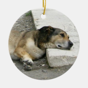 Tired Dog ornament, customise Ceramic Tree Decoration
