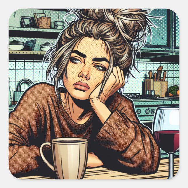 Tired Lady with Coffee and Wine Pop Art Square Sticker (Front)