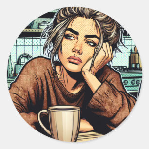 Tired Lady with Coffee   Comic Book Pop Art Classic Round Sticker