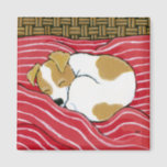 Tired Little Pup - Sleeping Dog Art Magnet<br><div class="desc">Dog art fridge magnets make great gifts for dog lovers. This magnet features a sleeping tan and white jack russell pup curled up in her favourite basket. Created from an original painting © Lisa Marie Robinson. All Rights Reserved</div>