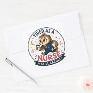 Tired Nurse Owl Cartoon Illustration Square Sticker