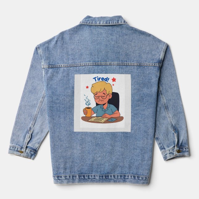 Tired Office Worker Cartoon – Funny Coffee & Work  Denim Jacket (Back)
