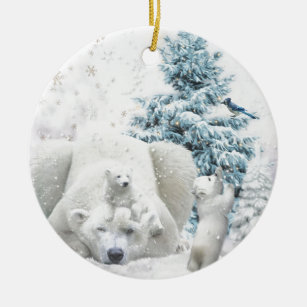 Tired Polar Bear Mother With Babies Ceramic Tree Decoration