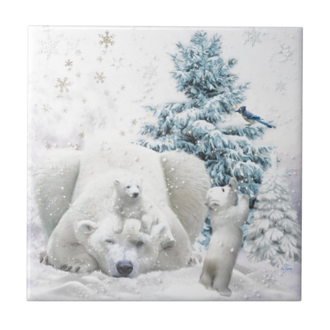 Tired Polar Bear Mother With Babies Tile (Front)