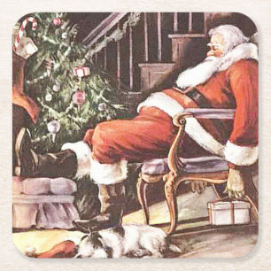 Tired Santa Claus Christmas Square Paper Coaster