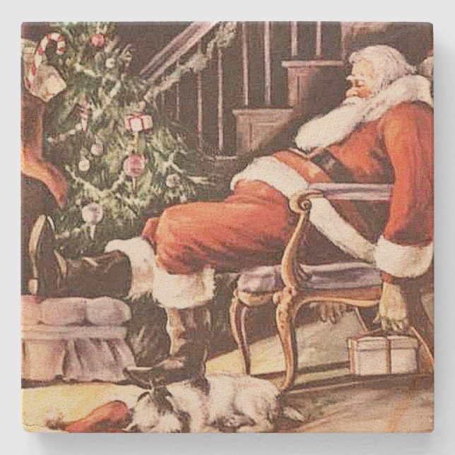Tired Santa Claus Christmas Stone Coaster (Front)