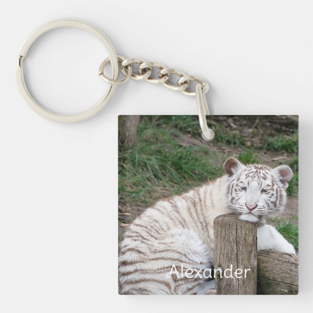 Tired Sleepy White Tiger Resting On Tree Logs Key Ring (Front)