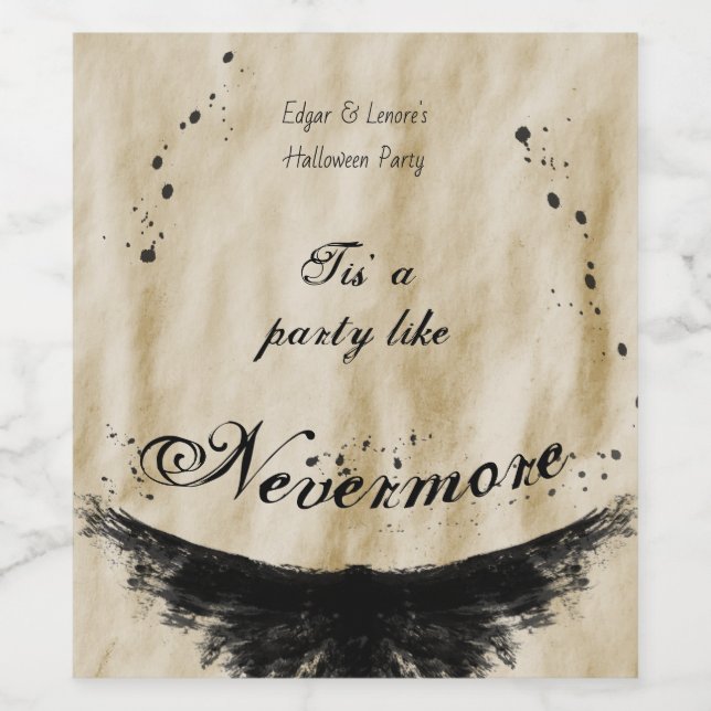 Tis' a Party Like Nevermore Raven Wings Halloween Wine Label (Single Label)