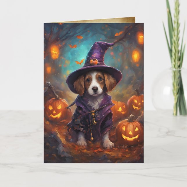 Tis' Halloween Puppy, Cute Puppy Witch, Halloween Card (Front)