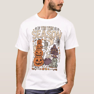 Tis Season Halloween Stacked Pumpkins Skeleton Hau T-Shirt