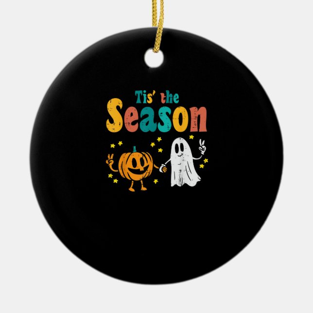 Tis Season Pumpkin Leaf Latte Fall Softball Ceramic Tree Decoration (Front)