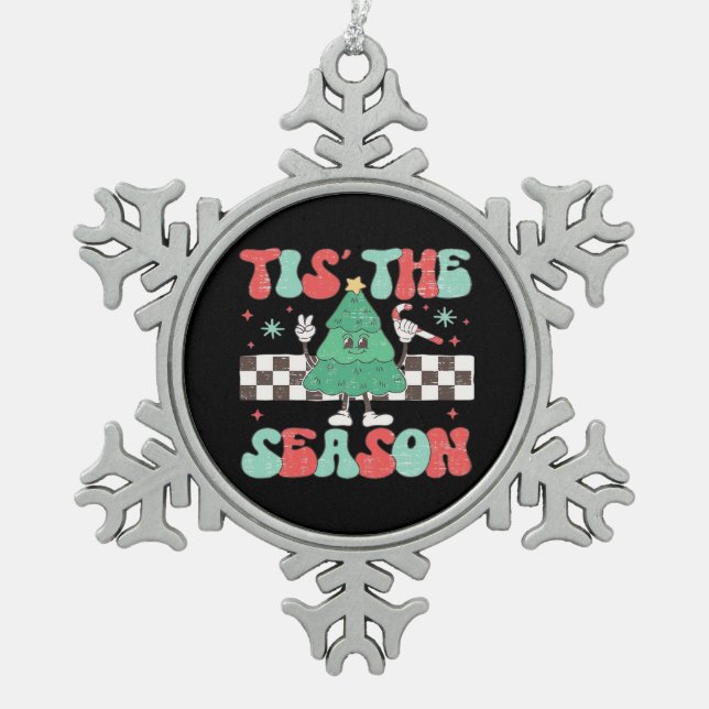 Tis Season Retro Womans Holiday Snowflake Pewter Christmas Ornament (Front)