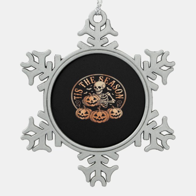 Tis Season Snowmobile Red Plaid Snowflake Pewter Christmas Ornament (Front)