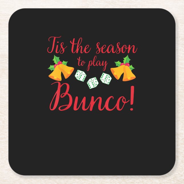 Tis Season To Play Bunco Christmas Holiday Dice Ga Square Paper Coaster (Front)