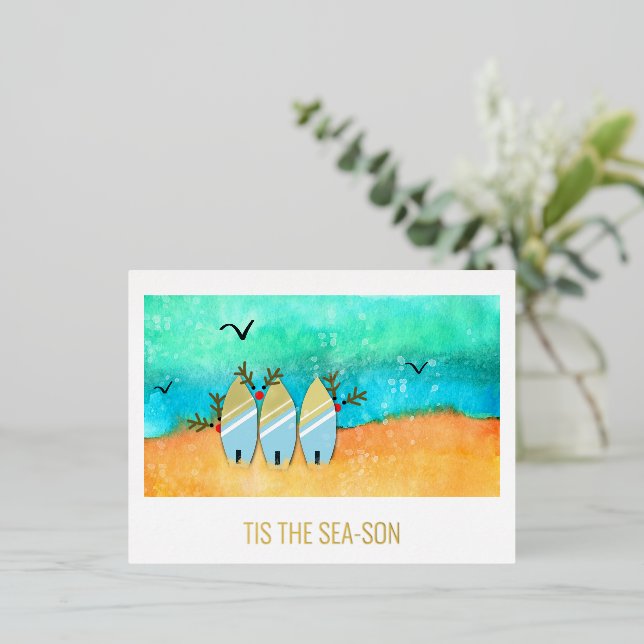 Tis The Sea-Son Beach Christmas with Rudolph  Foil Holiday Postcard (Standing Front)