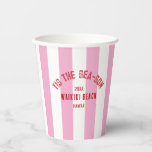 Tis The Sea Son Custom Beach Christmas Pink Stripe Paper Cups<br><div class="desc">The ’Tis The Sea-Son Custom Beach Christmas Pink Stripe Paper Cups add festive fun and personalised flair to your holiday gatherings. Featuring a playful pink stripe design with customisable beach name and year, these durable paper cups are perfect for serving cocktails, cocoa, or cold drinks. Convenient and disposable yet stylish,...</div>