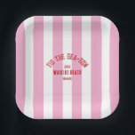 Tis The Sea Son Custom Beach Christmas Pink Stripe Paper Plate<br><div class="desc">The ’Tis The Sea-Son Custom Beach Christmas Pink Stripe Paper Plates add festive flair and seaside charm to your holiday celebrations. Featuring a playful pink cabana stripe design with customisable beach name and year, these durable paper plates are perfect for serving meals, appetizers, or desserts. Convenient and disposable yet stylish...</div>