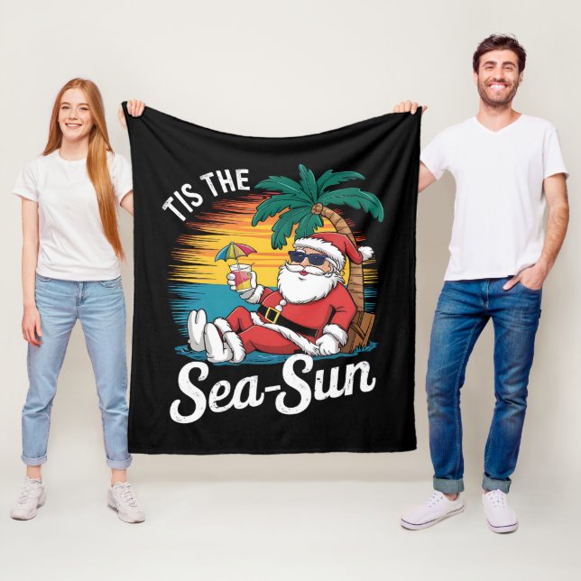 Tis The Sea Sun Santa Beach Christmas In Juy  Fleece Blanket (In Situ)