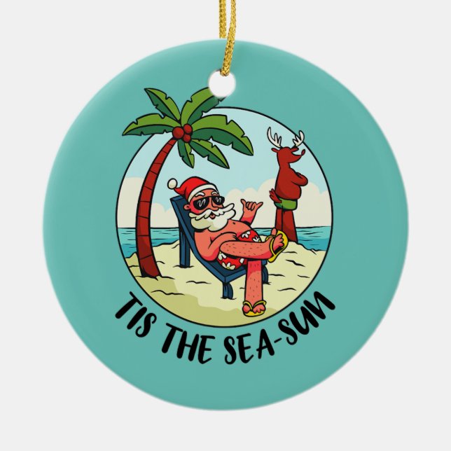 Tis The Sea Sun Santa Claus Beach Summer Ceramic Tree Decoration (Front)