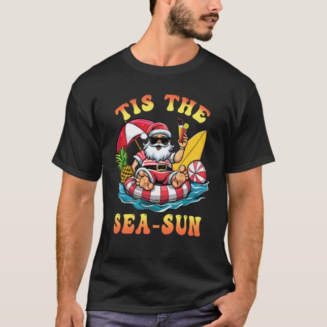 Tis The Sea Sun Santa Surfing Christmas In July Tr T-Shirt (Front)