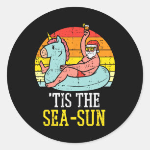 Tis The Sea Sun Santa Unicorn Float Summer Christm Classic Round Sticker