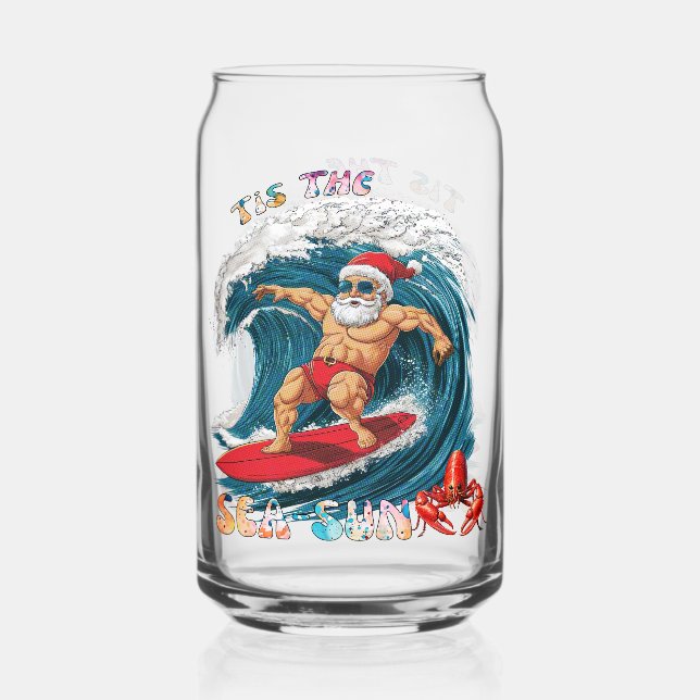 Tis The Sea-Sun - Surfing Santa Can Glass (Front)