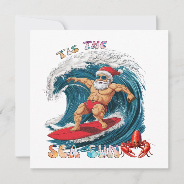 Tis The Sea-Sun - Surfing Santa Holiday Card (Front)
