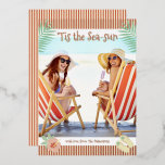 'Tis The Sea-sun Tropical Beach Summer Christmas Foil Holiday Card<br><div class="desc">'Tis The Sea-sun Tropical Beach Summer Christmas Cards Foil Holiday Cards features your favourite photo surrounded by a fun beach themed frame of flip flops, palm leaves and flowers with a slightly retro vintage vibe with real foil accents. Personalise the fun modern hand lettered script typography by editing the text...</div>