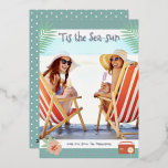 'Tis The Sea-sun Tropical Beach Summer Christmas Foil Holiday Card<br><div class="desc">'Tis The Sea-sun Tropical Beach Summer Christmas Cards Foil Holiday Cards features your favourite photo surrounded by a fun beach themed frame of flip flops, palm leaves and flowers with a slightly retro vintage vibe with real foil accents. Personalise the fun modern hand lettered script typography by editing the text...</div>