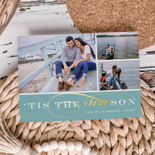 Tis the Season   3 Photo Nautical Christmas Foil H Foil Holiday Card