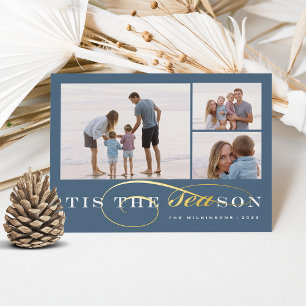 Tis the Season   3 Photo Nautical Christmas Foil Holiday Card