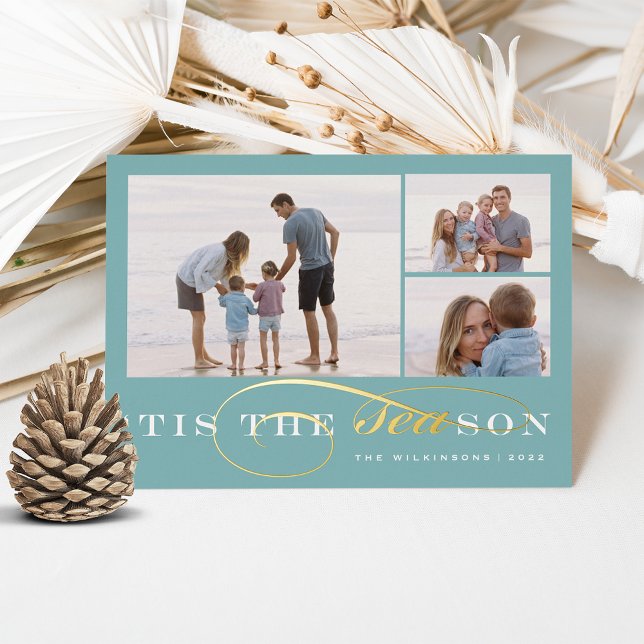 Tis the Season | 3 Photo Nautical Christmas Foil Holiday Card (Creator Uploaded)