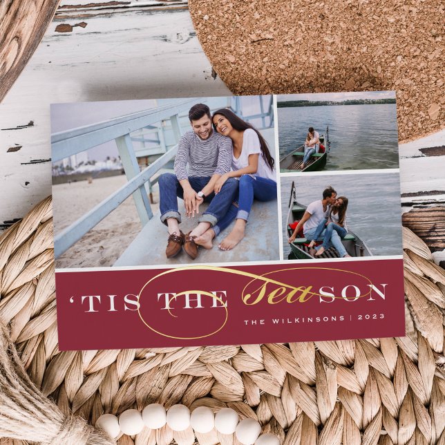 Tis the Season | 3 Photo Nautical Christmas Foil Holiday Card (Creator Uploaded)
