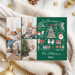 Tis The Season 3 Photo Retro Green Christmas Holiday Card