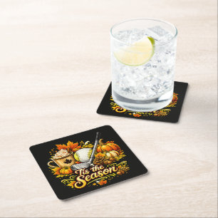 Tis The Season Autumn Golf Pumpkin Spice Coffee Square Paper Coaster