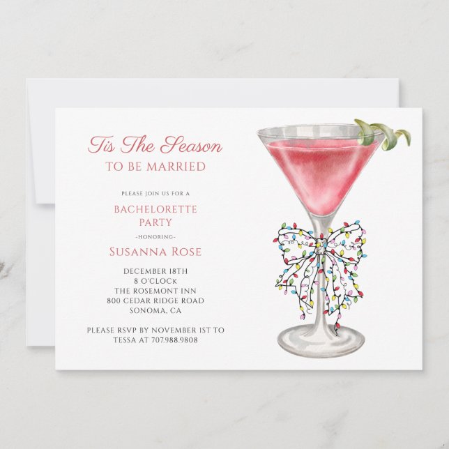 Tis The Season Bachelorette Party Pink Cocktail Invitation (Front)