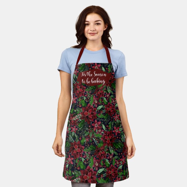 Tis the Season Baking Red Poinsettia Floral Apron (Worn)