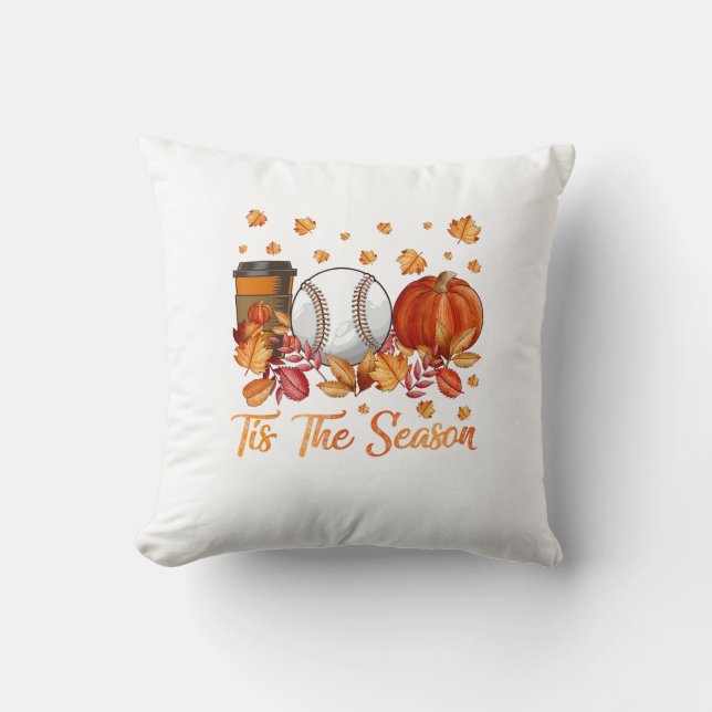 Tis The Season Baseball Pumpkin Autumn Fall Thanks Cushion (Front)