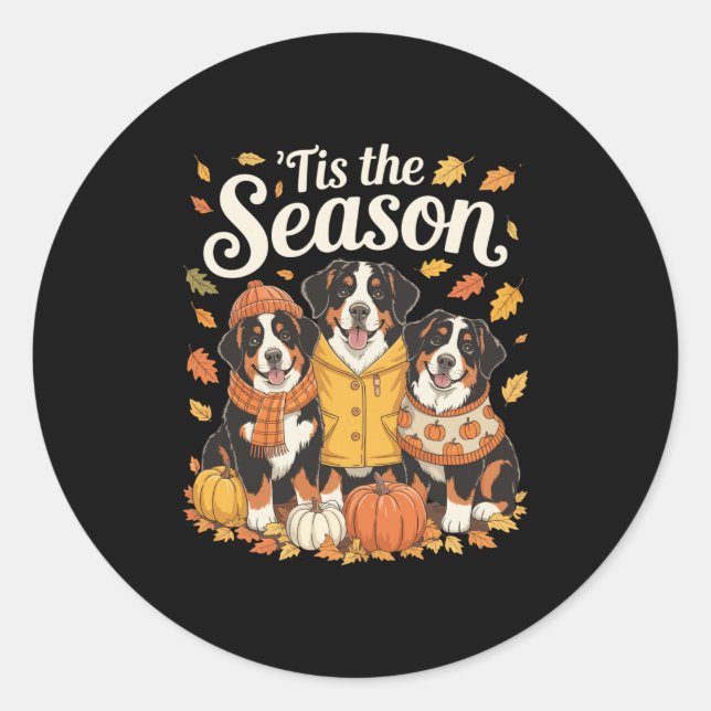 Tis The Season Bernese Mountain Dog Fall Autumn Pu Classic Round Sticker (Front)