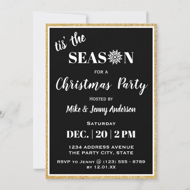 Tis' the Season | Black & White Christmas Party Invitation (Front)