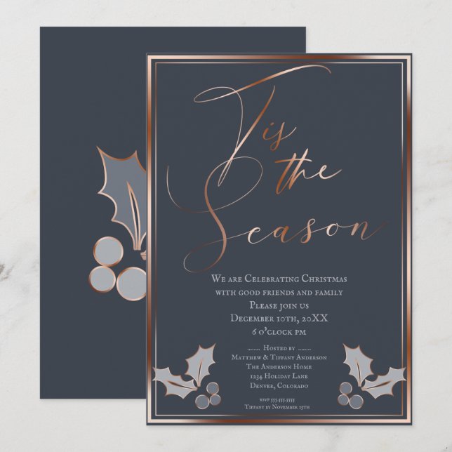 Tis the Season Blue and Copper Christmas Party Invitation (Front/Back)