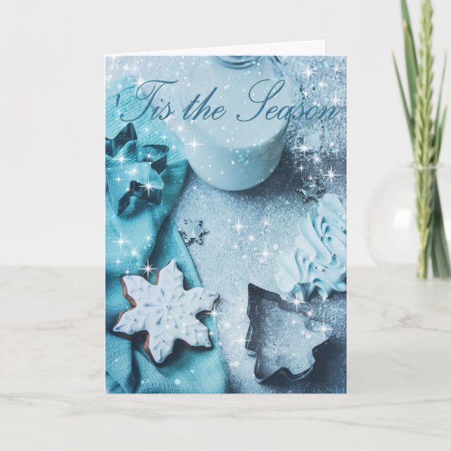 Tis The Season Blue Glitter Christmas Holiday Card (Front)