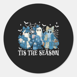 Tis The Season Blue Patchwork Ghost Pumpkin Spooky Classic Round Sticker