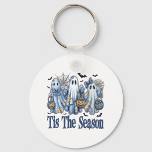 Tis The Season Blue Patchwork Ghost Pumpkin Spooky Key Ring