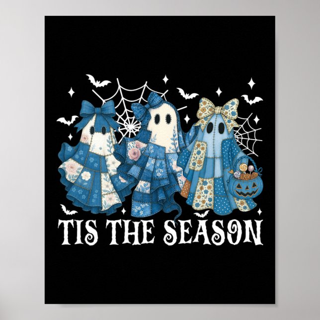 Tis The Season Blue Patchwork Ghost Pumpkin Spooky Poster (Front)