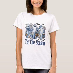 Tis The Season Blue Patchwork Ghost Pumpkin Spooky T-Shirt