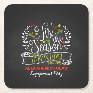 Tis the Season Christmas/Holiday Engagement Square Paper Coaster