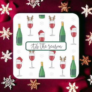 Tis the Season Christmas Santa Reindeer Wine Snow Square Paper Coaster