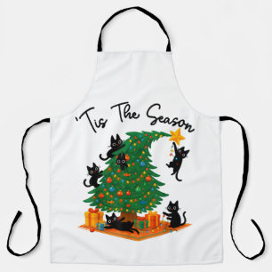 Tis The Season Christmas Tree Cute Black Cat Apron