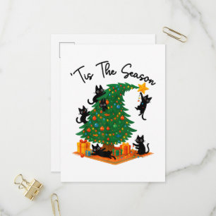 Tis The Season Christmas Tree Cute Black Cat Invitation Postcard